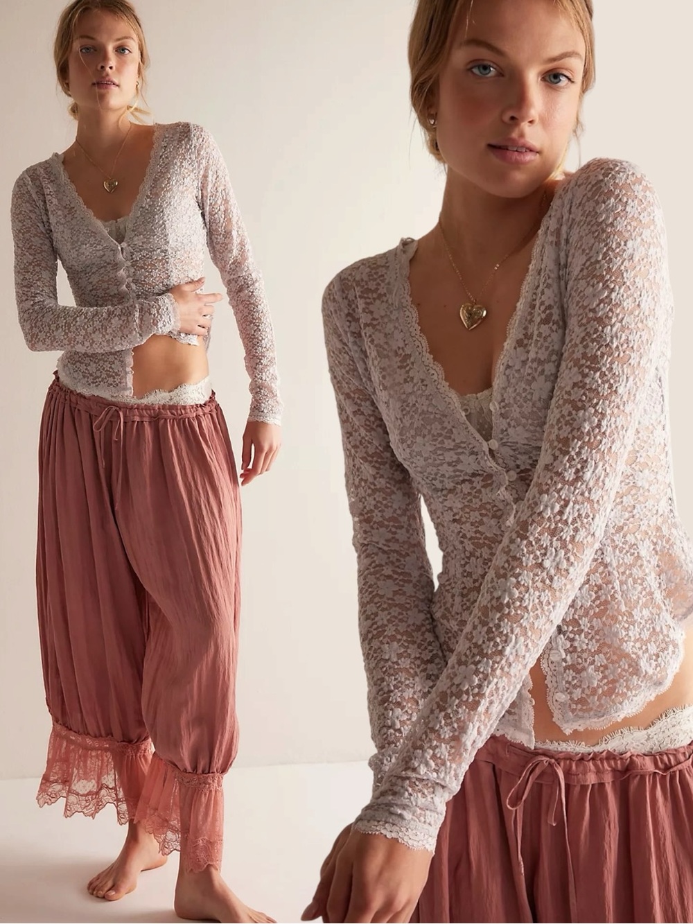 Free People Lace Button-Front Long Sleeve Top NWT